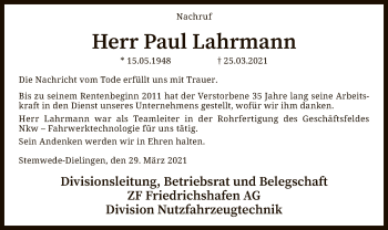 Todesanzeige von Paul Lahrmann von SYK