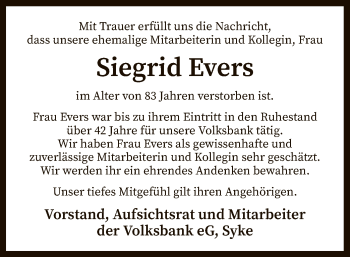 Todesanzeige von Siegrid Evers von SYK