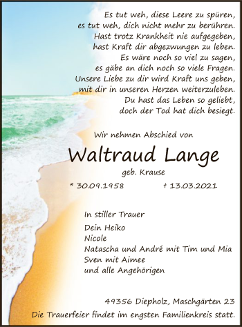 Todesanzeige von Waltraud Lange von SYK