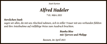 Todesanzeige von Alfred Hadeler von SYK