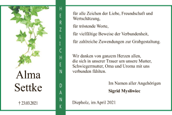 Todesanzeige von Alma Settke von SYK