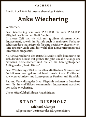 Todesanzeige von Anke Wiechering von SYK