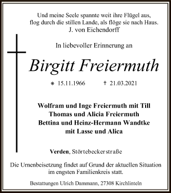 Todesanzeige von Birgitt Freiermuth von SYK