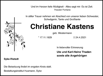 Todesanzeige von Christiane Kastens von SYK