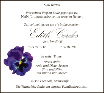 Todesanzeige von Edith Cordes von SYK