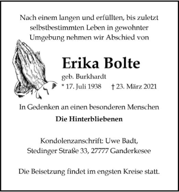 Todesanzeige von Erika Bolte von SYK