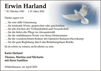 Todesanzeige von Erwin Harland von SYK