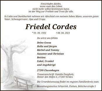 Todesanzeige von Friedel Cordes von SYK