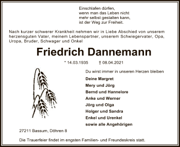 Todesanzeige von Friedrich Dannemann von SYK