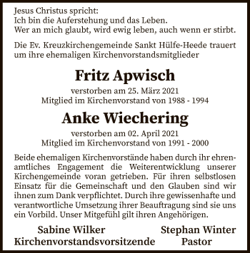 Todesanzeige von Fritz und Anke Apwisch, Wiechering von SYK