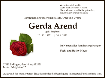 Todesanzeige von Gerda Arend von SYK