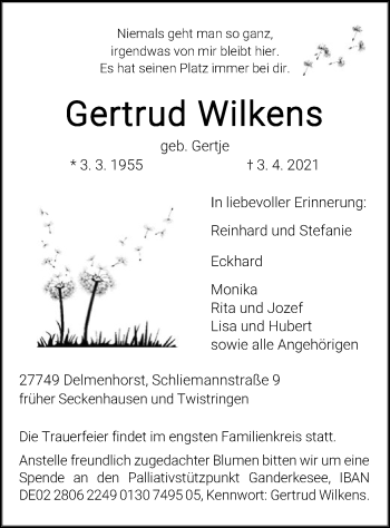 Todesanzeige von Gertrud Wilkens von SYK