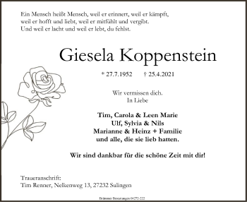 Todesanzeige von Giesela Koppenstein von SYK