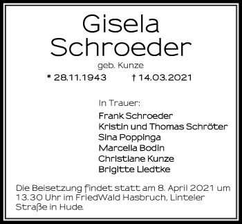 Todesanzeige von Gisela Schroeder von SYK