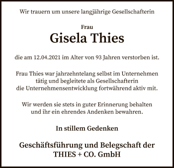 Todesanzeige von Gisela Thies von SYK