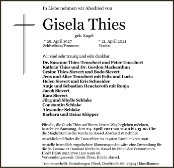 Todesanzeige von Gisela Thies von SYK