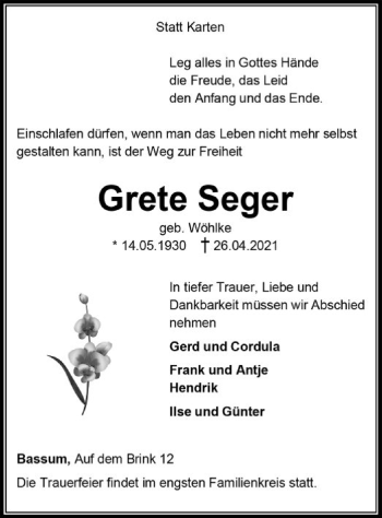 Todesanzeige von Grete Seger von SYK