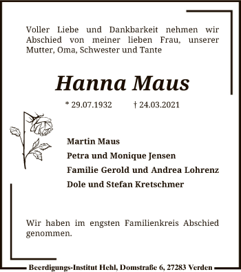 Todesanzeige von Hanna Maus von SYK