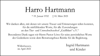 Todesanzeige von Harro Hartmann von SYK