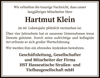 Todesanzeige von Hartmut Klein von SYK