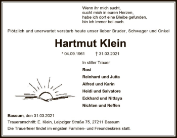 Todesanzeige von Hartmut Klein von SYK