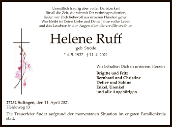 Todesanzeige von Helene Ruff von SYK