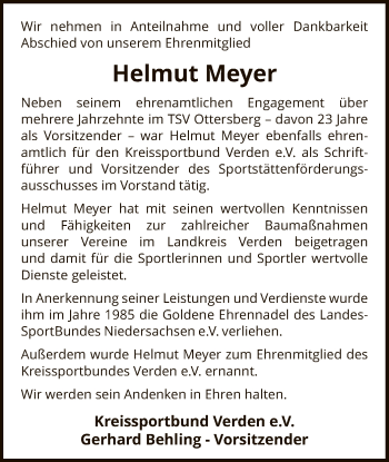 Todesanzeige von Helmut Meyer von SYK