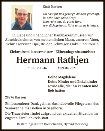 Todesanzeige von Hermann Rathjen von SYK