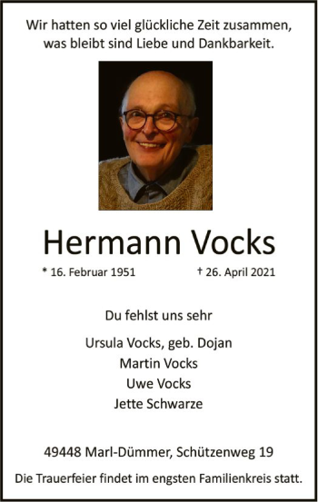 Todesanzeige von Hermann Vocks von SYK