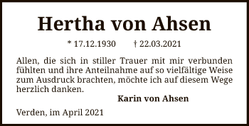 Todesanzeige von Hertha von Ahsen von SYK