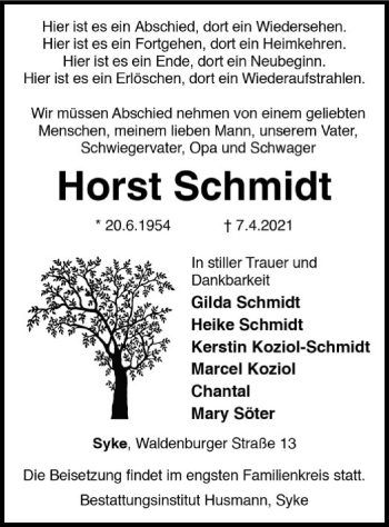 Todesanzeige von Horst Schmidt von SYK