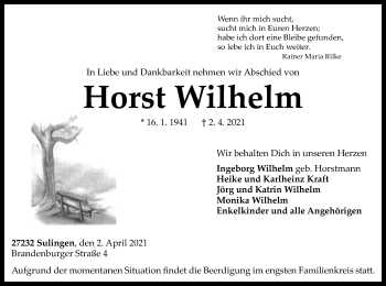 Todesanzeige von Horst Wilhelm von SYK