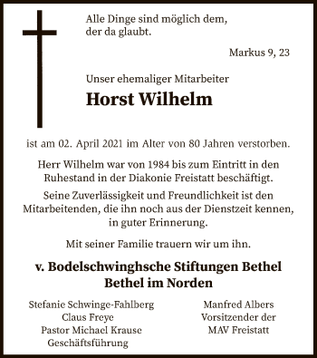 Todesanzeige von Horst Wilhelm von SYK