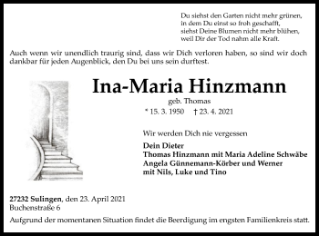 Todesanzeige von Ina-Maria Hinzmann von SYK