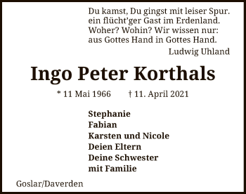 Todesanzeige von Ingo Peter Korthals von SYK
