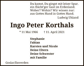 Todesanzeige von Ingo Peter Korthals von SYK