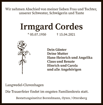 Todesanzeige von Irmgard Cordes von SYK
