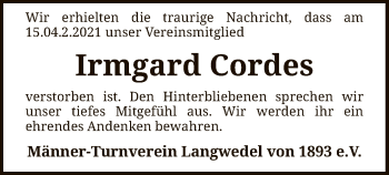 Todesanzeige von Irmgard Cordes von SYK