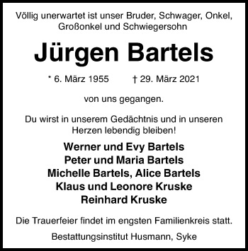 Todesanzeige von Jürgen Bartels von SYK
