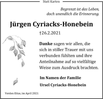 Todesanzeige von Jürgen Cyriacks-Honebein von SYK