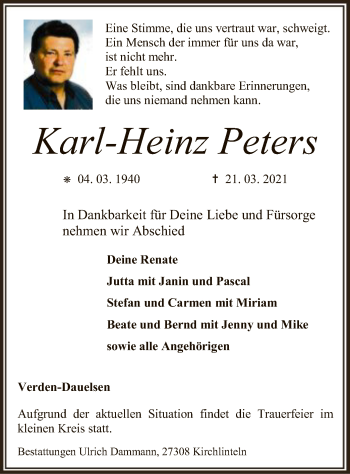 Todesanzeige von Karl-Heinz Peters von SYK