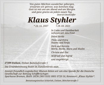 Todesanzeige von Klaus Styhler von SYK
