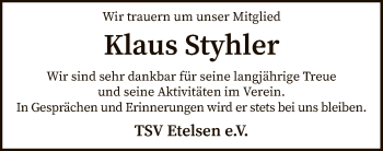 Todesanzeige von Klaus Styhler von SYK