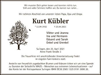Todesanzeige von Kurt Kübler von SYK