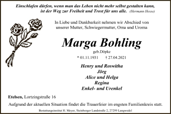 Todesanzeige von Marga Bohling von SYK