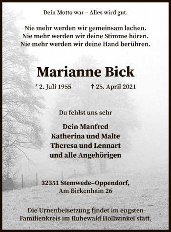 Todesanzeige von Marianne Bick von SYK