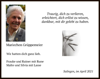Todesanzeige von Mariechen Grüppemeier von SYK