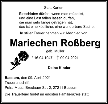 Todesanzeige von Mariechen Roßberg von SYK