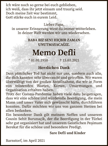 Todesanzeige von Memo Defli von SYK