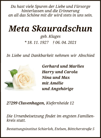 Todesanzeige von Meta Skauradschun von SYK